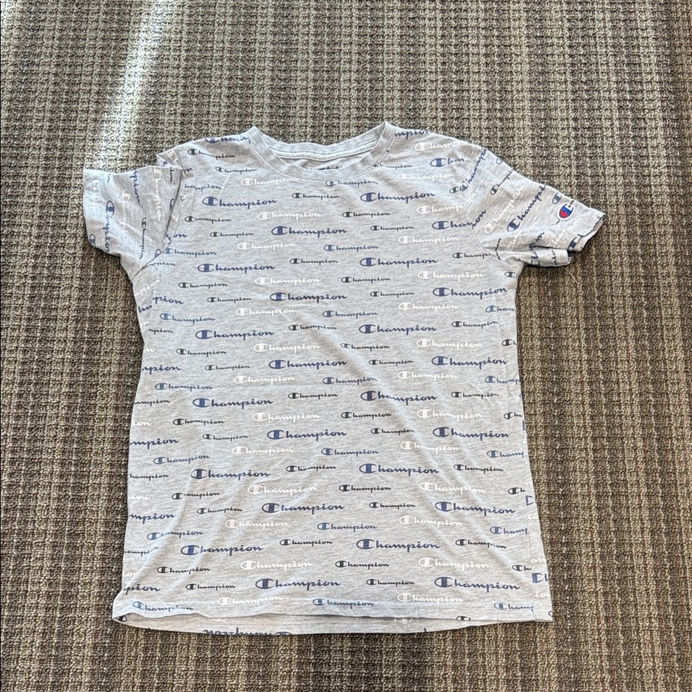 Champion Kids Heather Gray All-Over Logo Tee with Blue Accents
